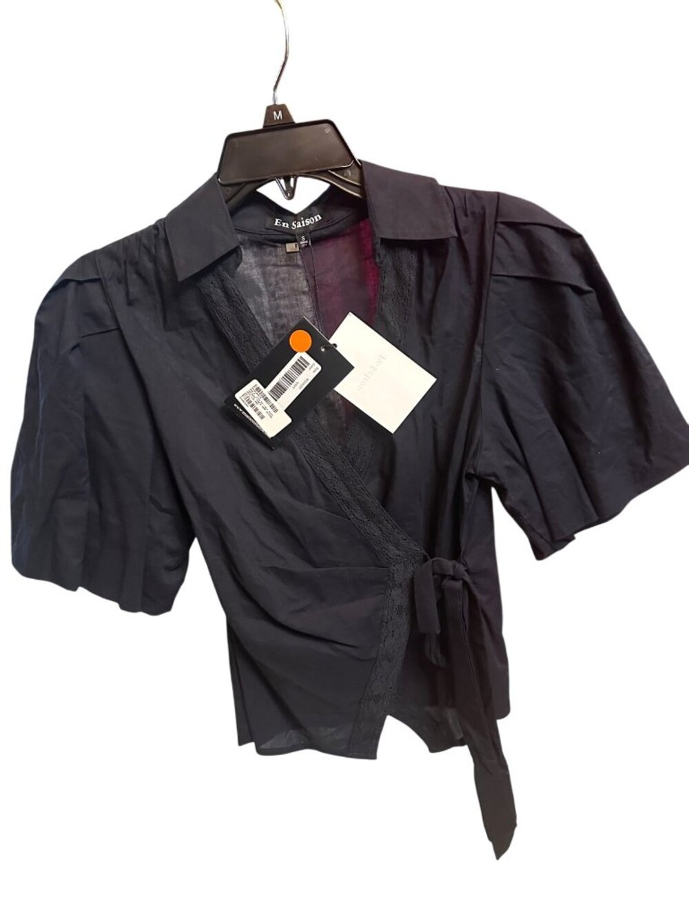 Black Wrap-Style Puff Sleeve Top With Lace Trim By En Saison $90 MSRP